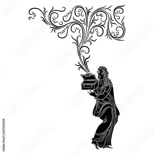Pandora. Ancient Greek girl opening mysterious box. Creative mythological concept. Let the genie out. Black and white silhouette.