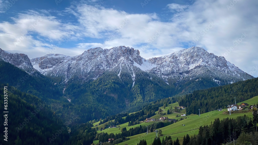 Panoramic view of snowcapped Piz da Peres in South Tyrol, Italy