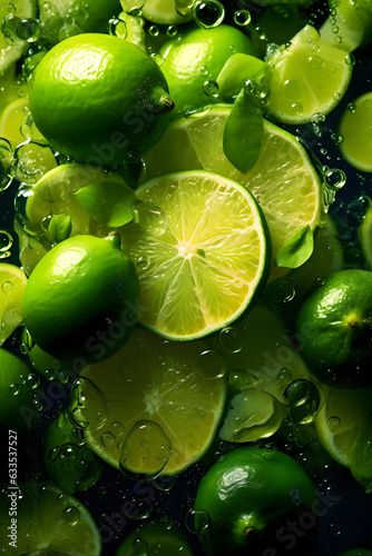 Lime slices and water drops. Generative AI