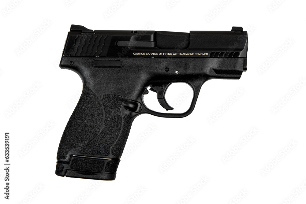 Modern semi-automatic pistol isolate on a white background. Armament for the army and police. Short-barreled weapon Modern semi-automatic pistol isolate on a white background. Armament for the army and police. Short-barreled weapon