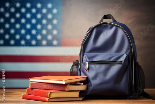 Student's backpack, books and the flag of United States Of America on the background. The concept of advertising, banner: Language courses or studying at a university in the USA. Copy space. photo