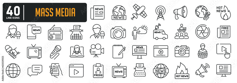 Mass media minimal thin line icons. Related news, press, newspaper, journalism. Editable stroke. Vector illustration.