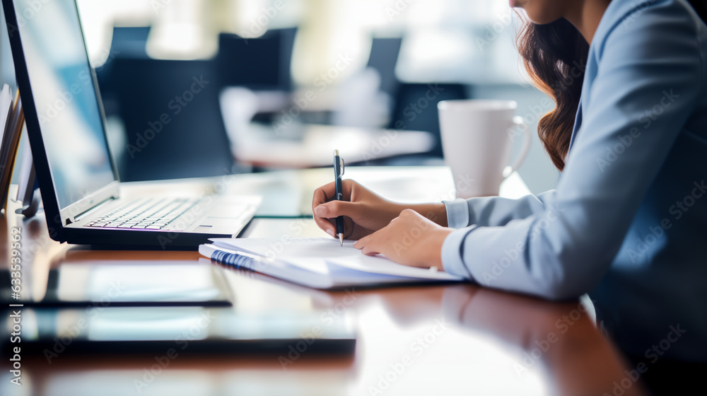 Employee diligently working at his desk, focused on writing important documents generative art Employee diligently working at his desk, focused on writing important documents generative art