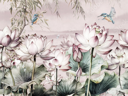 watercolor-wallpaper-pattern-landscape-of-lotus-flower-with-kingfisher-with-pink-background