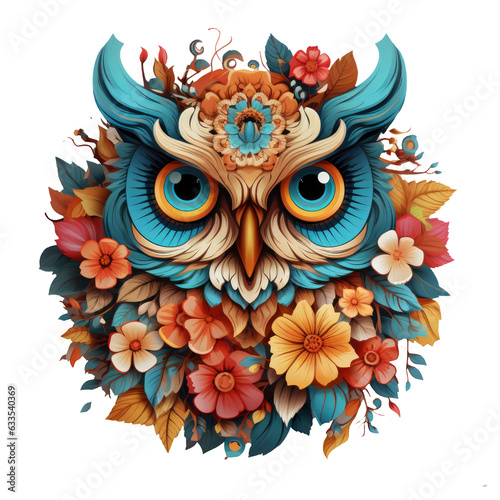 An avant-garde T-shirt design of an owl tree flowers, where the owl and the tree blend into abstract shapes and colors, Generative Ai photo