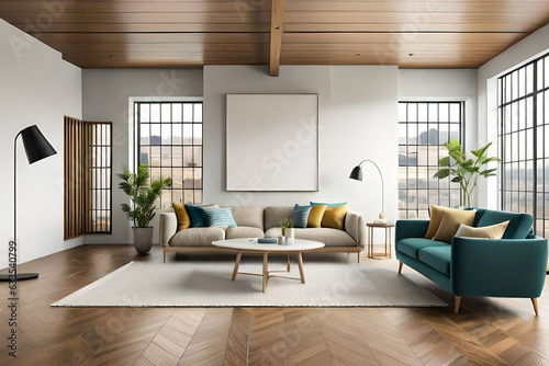 modern living room with wall frame mockup © UMR