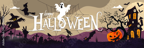 Happy Halloween party banner for October event, orange purple background and scary smiling pumpkin, white ghost, flying black bats, scarecrow, creepy witch. Halloween graveyard night. Trick or treat.