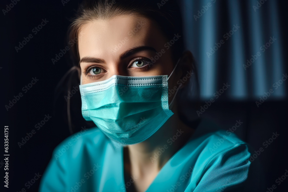 Tired depressed female scrub nurse with face mask. Exhausted sad doctor feels burnout and stress Tired depressed female scrub nurse with face mask. Exhausted sad doctor feels burnout and stress