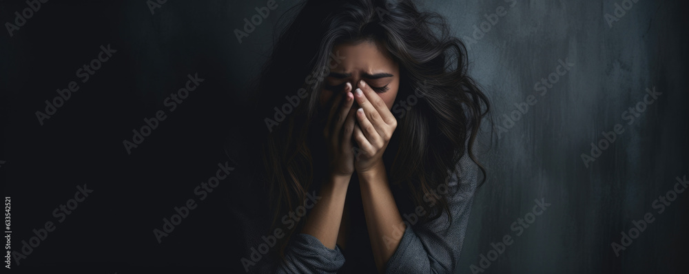 A woman curled up in the corner of a dark room tears streaming down her face as she covers her ears with her hands trying to shield