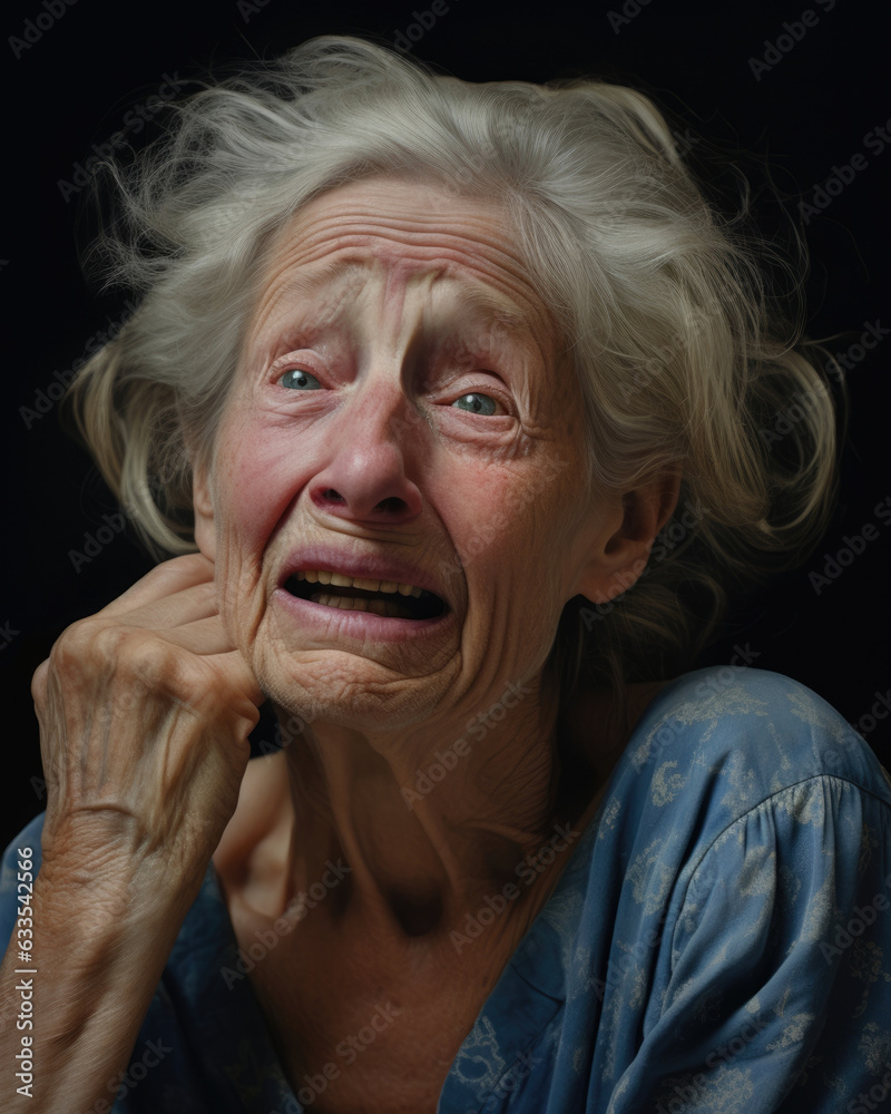 A portrait of an elderly woman cradling her right shoulder as she grimaces in pain. A portrait of an elderly woman cradling her right shoulder as she grimaces in pain.