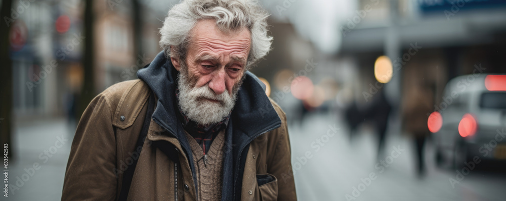 An older man walking down the street constantly glancing around him mouth tight with anxiety.