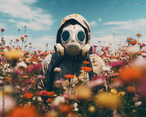 A person standing in a field of blooming flowers but wearing a face mask and gloves.