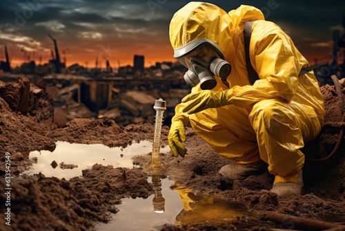 A person wearing a hazmat suit standing on a pile of dirt with a magnifying glass examining it.