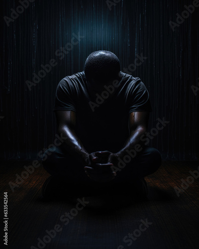 A silhouette of a person sitting in the center of a dark room head bowed down with their arms crossed in an expression of stoic numbness. photo
