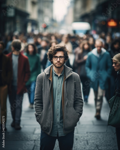 A person standing in the middle of a busy street completely ignored by every person walking past.