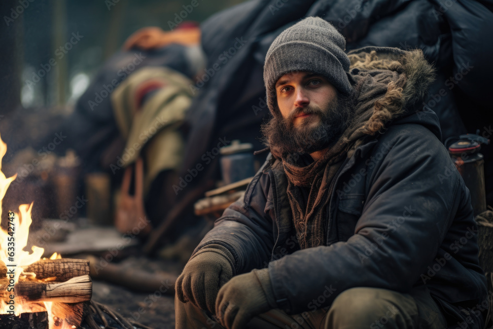 A person bundled up in several layers of clothing blankets and a hat while sitting near a campfire.