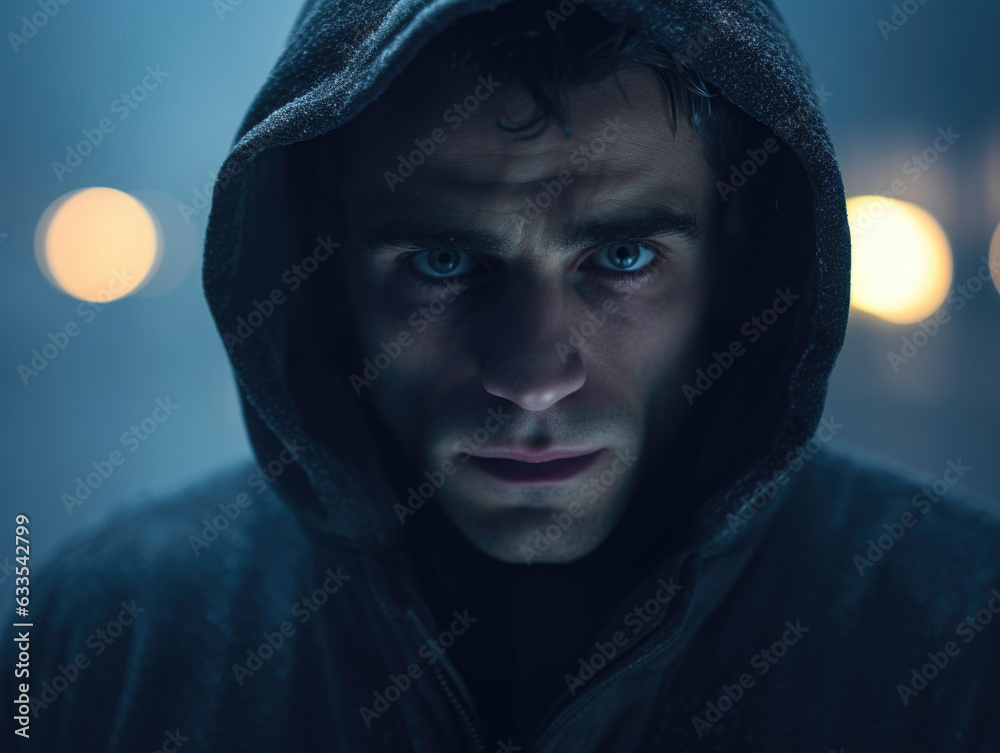 A man standing in a foggy night backdrop his face obscured and his eyes blankly staring into the void. A man standing in a foggy night backdrop his face obscured and his eyes blankly staring into the void.
