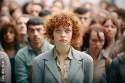 A woman standing still off to the side of a crowd of people her eyes half closed and her arms limp.