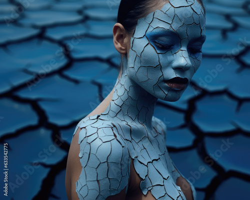 A woman her face painted in blue standing atop an empty reservoir the dry cracked surfaces a stark contrast to her expressionless
