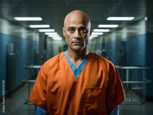 A middle aged male with sad eyes standing alone in a sterile white hospital room wearing an orange and blue hospital gown but with