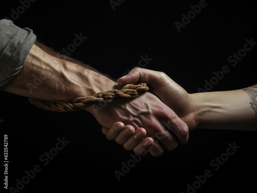 Two hands intertwined the fingers from one hand tightly gripping the wrist of the other as if to emphasise the strong emotion of betrayal. © Justlight