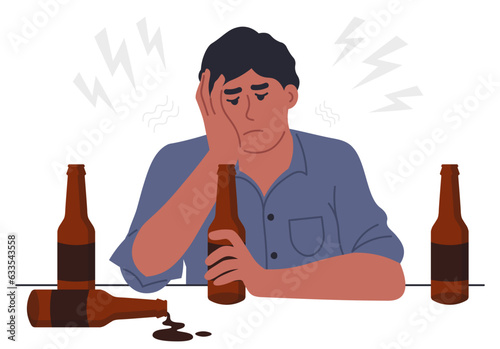Alcoholism Concept. Man With Beer Bottles. Vector Illustration In Flat Style