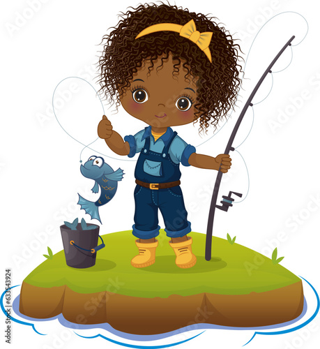Vector Cute African American Girl Fishing