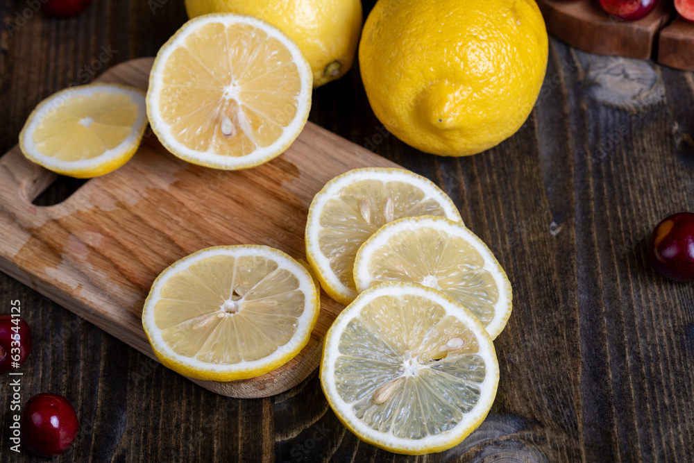 Sliced lemon on a cutting board
