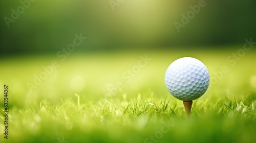 Close up golf ball on tee with blur green bokeh background.