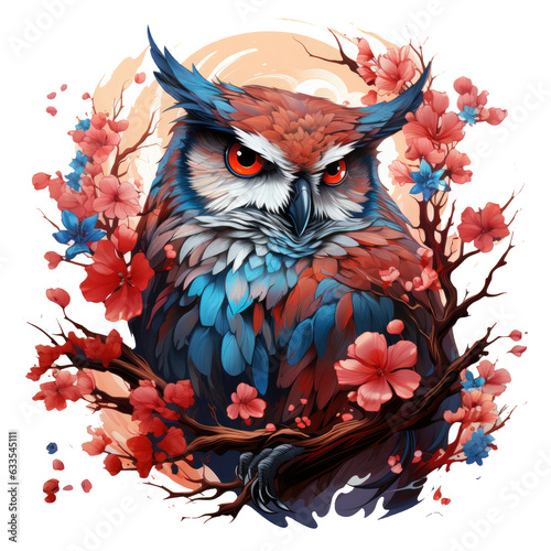 A surreal and dreamlike owl tree flowers T-shirt design, where the owl appears as a mythical creature, Generative Ai photo