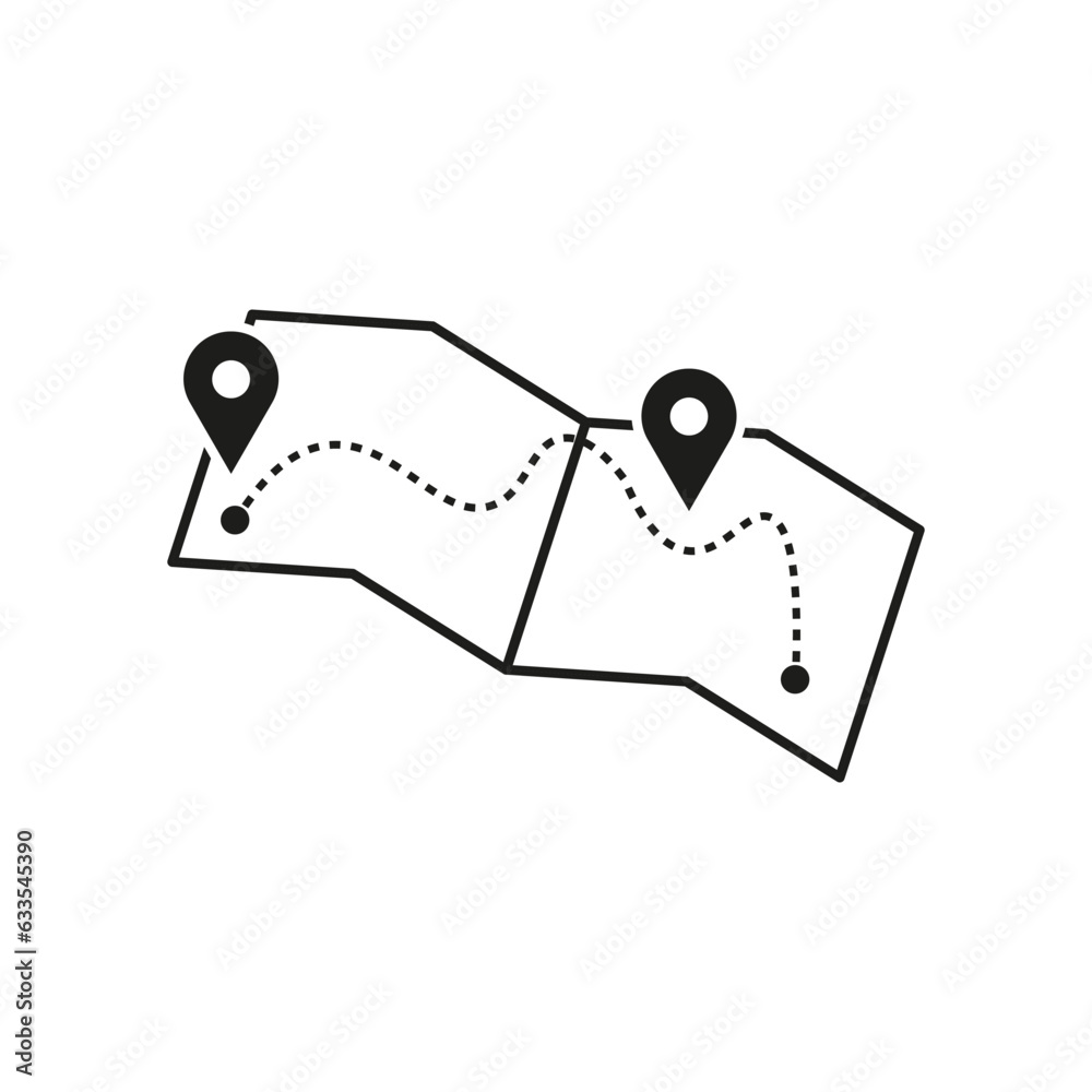 Map icon. Map and two pins. Pins, path on the map. Vector illustration. EPS 10. Map icon. Map and two pins. Pins, path on the map. Vector illustration. EPS 10.