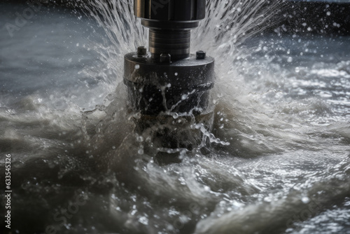 The Power of Water: A dynamic macro shot of a waterjet cutter, capturing the force and power of the water stream as it cuts through metal with incredible strength and speed