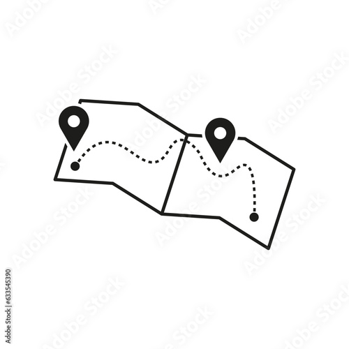 Map icon. Map and two pins. Pins, path on the map. Vector illustration. EPS 10.