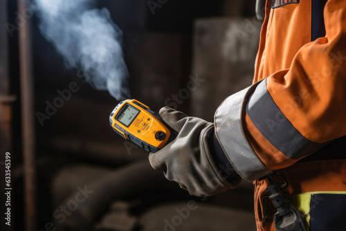 Image of a portable gas detector with a clip-on attachment for hands-free use in various industrial settings