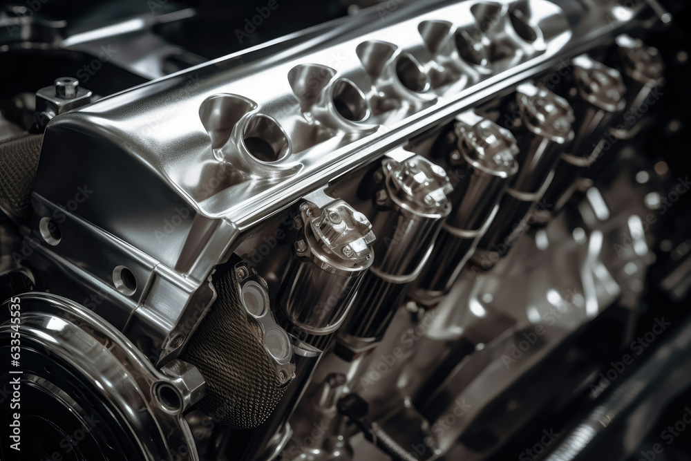 Fototapeta premium Macro shot of a sleek and high-performance automobile engine with intricate parts and shiny metallic surfaces