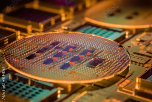 Macro shot of a transistor wafer with multiple integrated circuits in different stages of production © aicandy