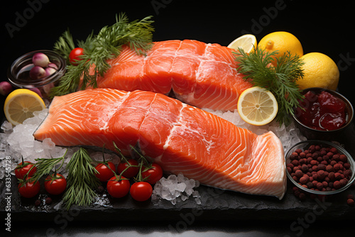 Fresh raw fish fillet served on black stone ready to cook