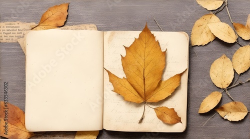 autumn leaves in a notebook on a wooden background