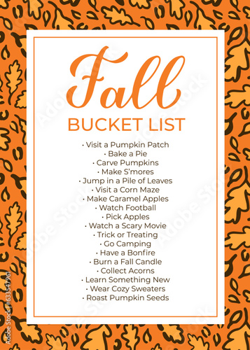 Fall bucket list. Funny autumn things to do checklist. Autumn wish list. Seasonal activity planner page. Easy to edit vector template