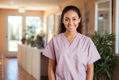 Young hispanic nurse , wearing light purple medical scrubs photo