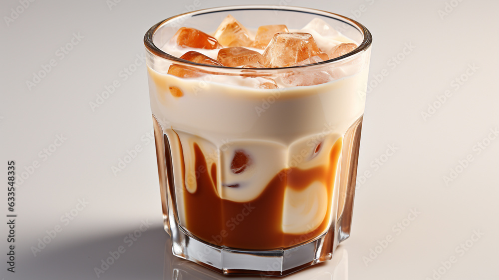 glass of iced coffee with whipped cream, coffee beans, whipped milk