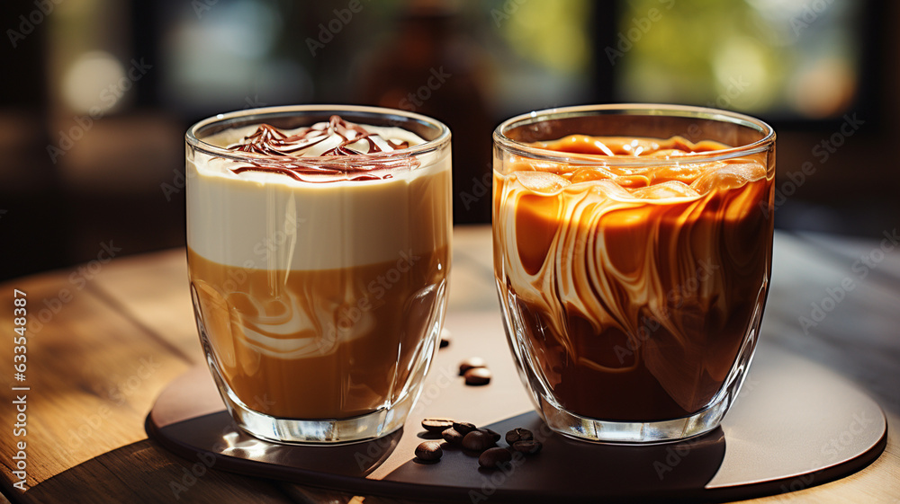 coffee and iced coffee on wooden table coffee and iced coffee on wooden table