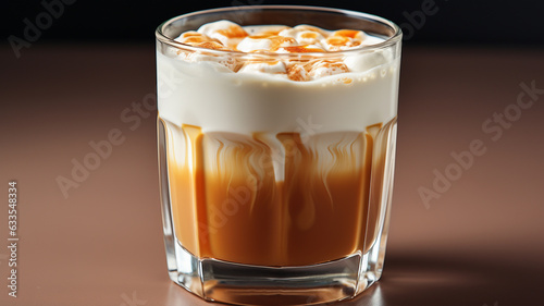 glass of iced coffee with whipped cream, coffee beans, whipped milk, coffee beans, latte or latte, latte coffee. cold drink, beverage