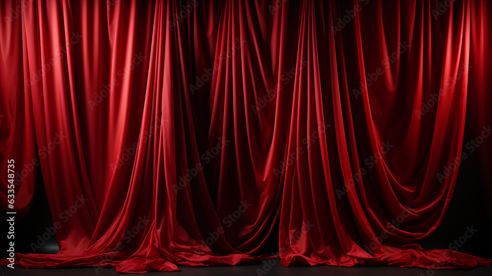 empty red theater curtain with spotlight and wooden floor. - obrazy, fototapety, plakaty 