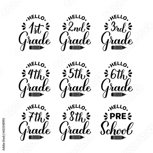 School Grade Squad Set. First day of school bundle. 1st, 2nd, 3rd, 4st, 5st, 6st, 7th, 8th, Pre-school. Vector template for typography poster, banner, shirt, etc