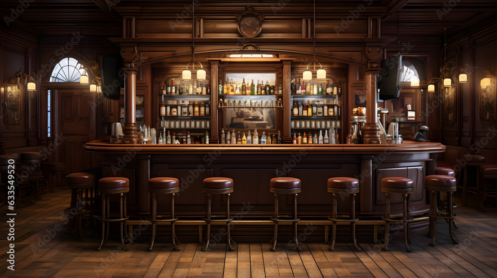 Old bar scene. Traditional or British style bar or pub interior, with wooden paneling 
 - obrazy, fototapety, plakaty 