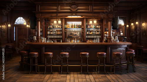 Old bar scene. Traditional or British style bar or pub interior, with wooden paneling 
