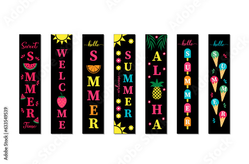Summer vertical signs set. Welcome home porch sign bundle. Seasonal decorations. Vector template.