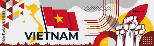 Vietnam Flag and map with raised fists. National day or Independence day design for Vietnamese celebration. Modern corporate web banner design with abstract red yellow star art. Vector illustration.