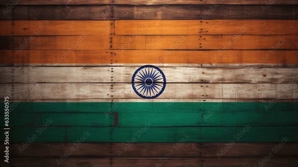 photo of indian flag graffiti painted on a old vintage wooden plank boards wall. logo sprayed with colors. 16:9 desktop wallpaper background. Generative AI